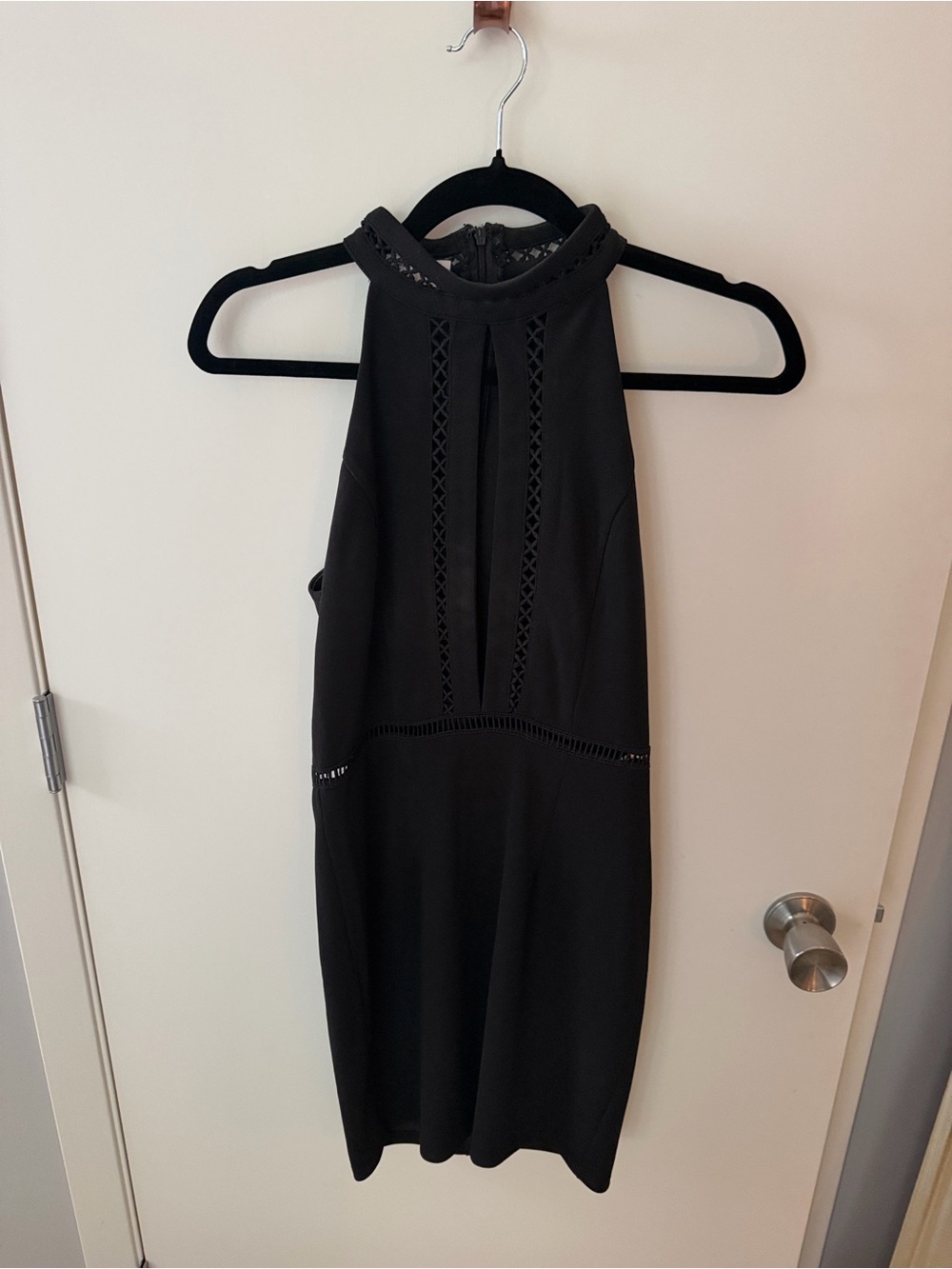 by the way. Black Halter Mini Dress with Ladder Lace Insets